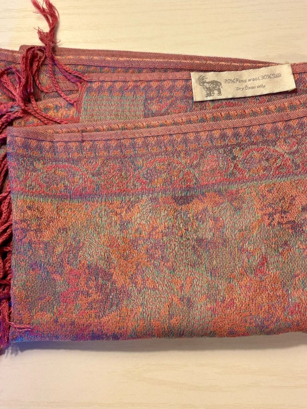 Pashima-style woven scarf pink orange lavender wool and silk scarf